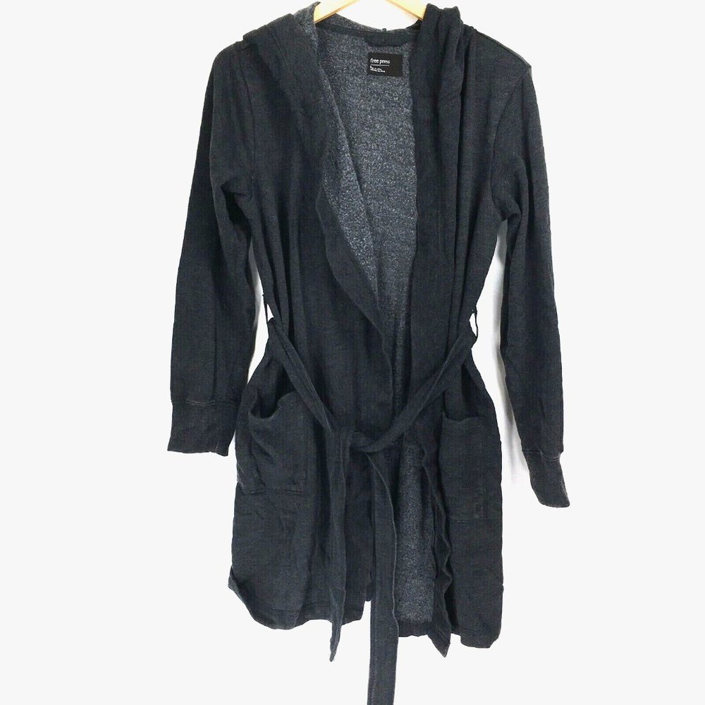 Free Press M Medium Sweatshirt Open Front Pockets Hooded Gray Tie Waist Womens